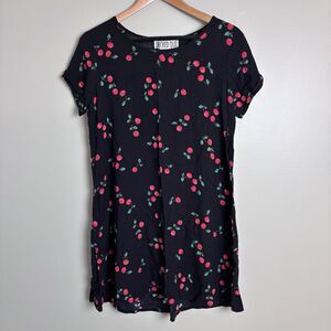 VTG 90s Women’s Cherry Black Mini Dress Rayon Made in USA Grunge Rockabilly Y2K